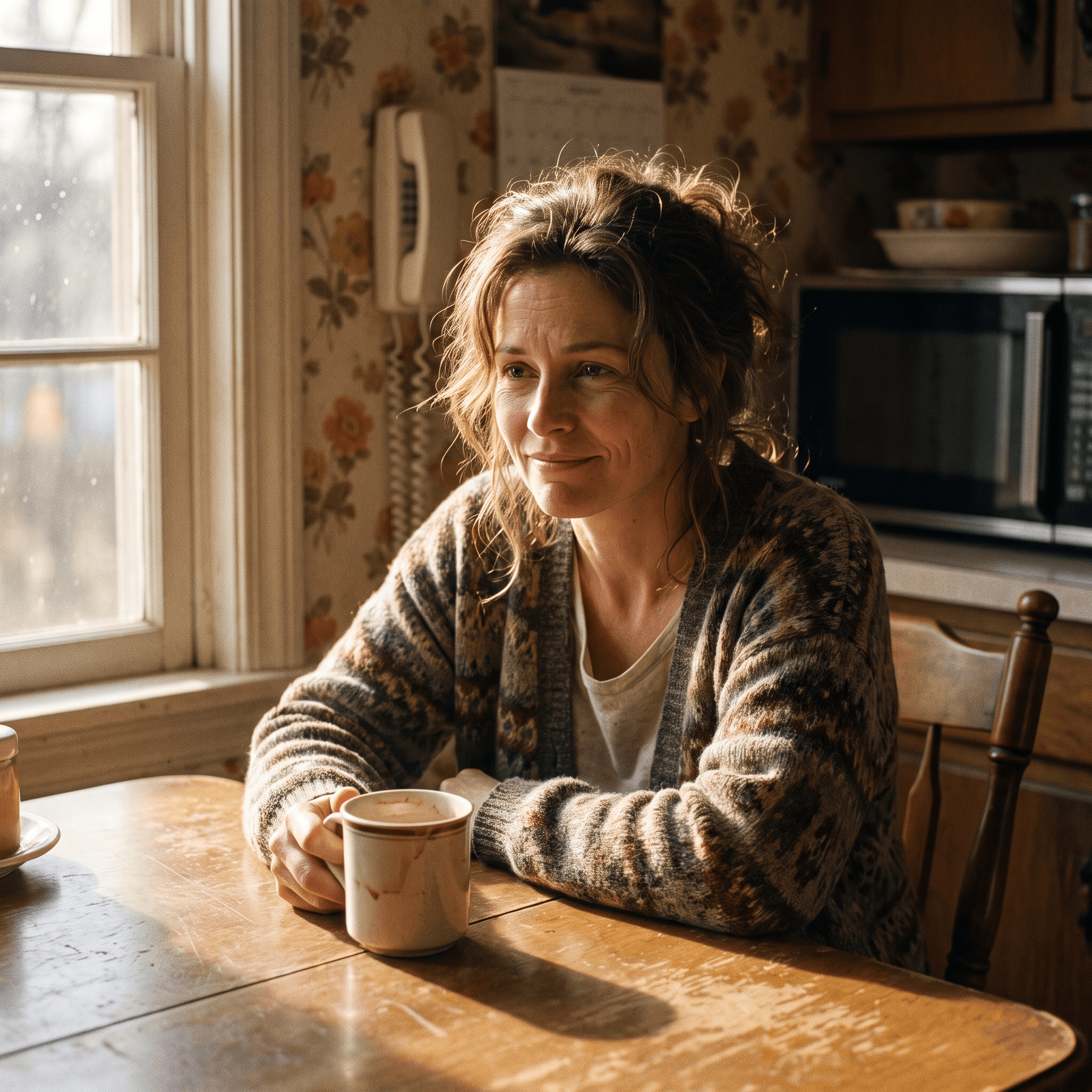 A woman at a kitchen table in morning light — storytelling and family themes